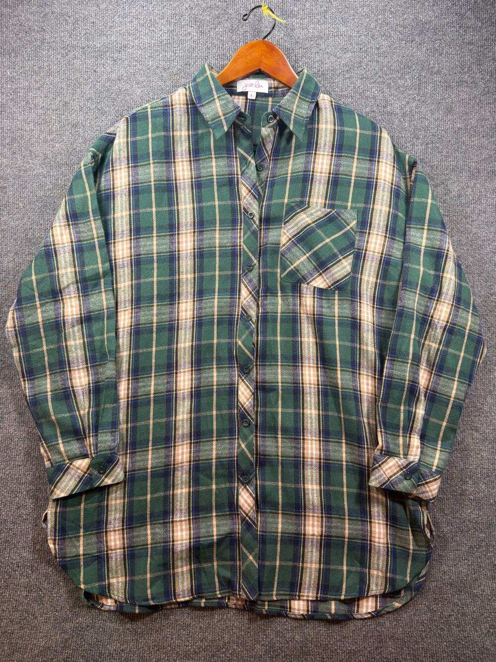 Jess Lea Button Up Flannel Shirt Women's L Green/Beige Plaid 3/4 Sleeve Casual